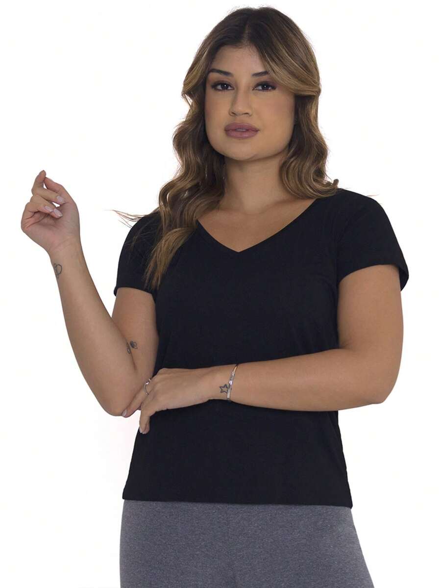 Clear Waters Women Blouse Elegant Gym Short Sleeve Summer Basic V-Neck Solid Color Plain Exquisite Neckline Design T Shirt Casual Loose Work Fashion Women - 黑色 - 查看 1