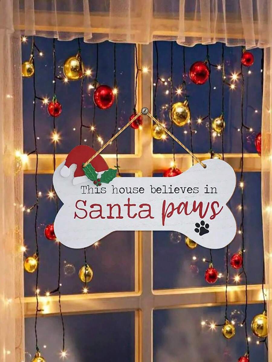 1 件狗骨头形状木质圣诞壁挂标志适用于圣诞节派对装饰，这家人相信圣诞老人爪子木质狗标志节日家居门装饰 - 彩色 - 查看 1