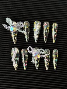 10 cái/gói Móng tay giả nhọn thủ công với đầu móng tay trong suốt, lấp lánh nhiều màu sắc, đá giả, ngọc trai và ren Thiết kế 3D, dành cho phụ nữ tự làm móng tay - Nhiều màu - Xem 4