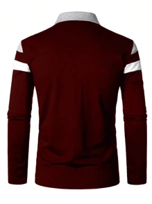 Men's Fashion Color Block Zip-Up Long Sleeve Polo Shirt - Burgundy - View 2