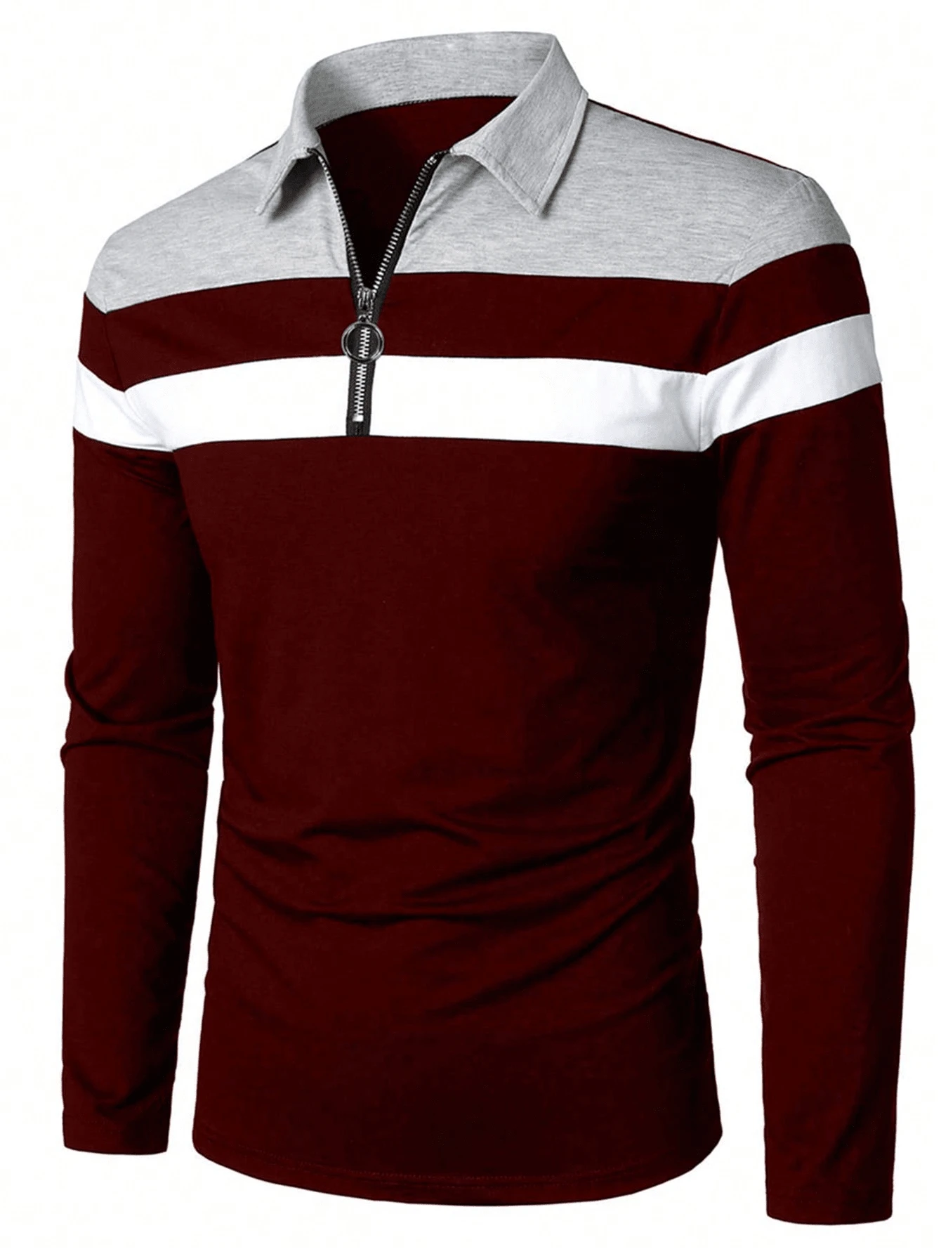 Men's Fashion Color Block Zip-Up Long Sleeve Polo Shirt - Burgundy - View 1