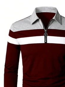 Men's Fashion Color Block Zip-Up Long Sleeve Polo Shirt - Burgundy - View 3