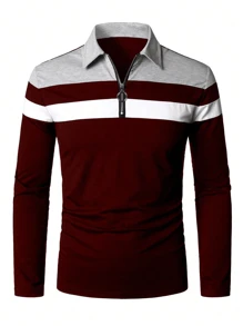 Men's Fashion Color Block Zip-Up Long Sleeve Polo Shirt - Burgundy - View 4