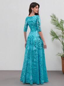 Đầm dạ hội maxi không tay cổ chữ V đính sequin lấp lánh, đầm dài xòe có khóa kéo, đầm dự tiệc cưới mùa xuân. - Màu xanh ngọc - Xem 2