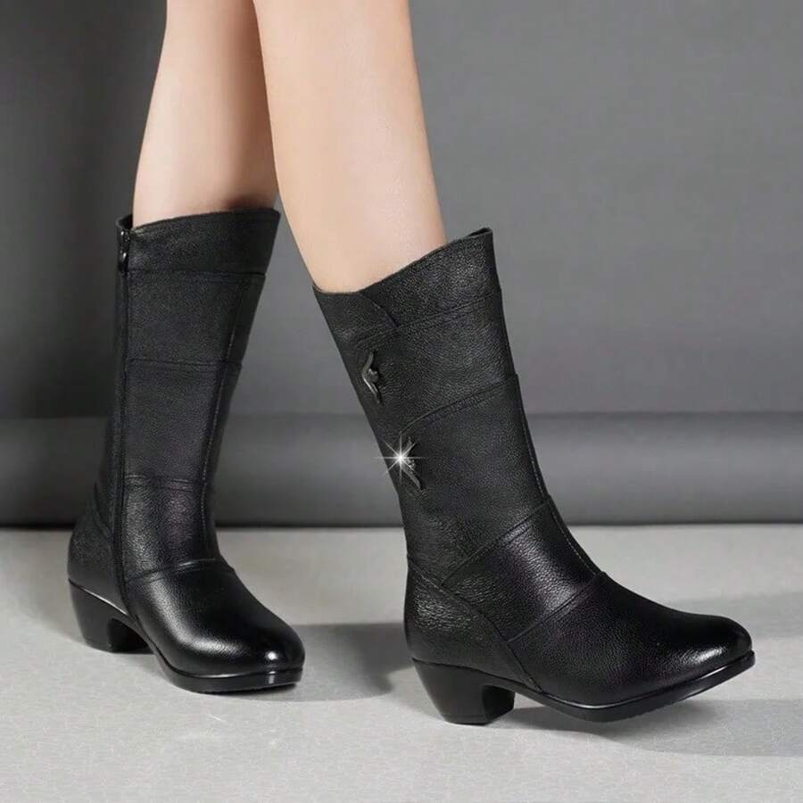 Fashion Middle Boots For Women Outdoor Anti Slip Boot Zipper Waterproof Leather Boots 2023 New Women's Winter Boots Botas Mujer - Black Sing - View 1