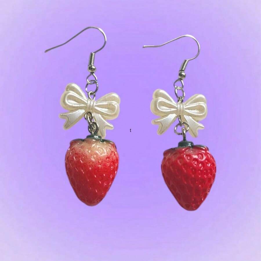 Pair Of Kawaii Strawberry Earrings With Pearl Bow White Strawberry Resin Earring Stainless Steel Silver - 草莓 - 查看 1
