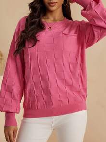 AAmilife Women's Lantern Sleeve Crew Neck Plaid Pocket Casual Commuter Knit Pullover Sweater - Hot Pink - View 5