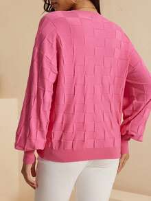 AAmilife Women's Lantern Sleeve Crew Neck Plaid Pocket Casual Commuter Knit Pullover Sweater - Hot Pink - View 2