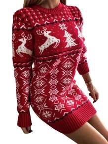 Women Christmas Jacquard Knitted Dress, Loose Fit Long Sleeve O-Neck Dress For Autumn Winter - Red - View 3