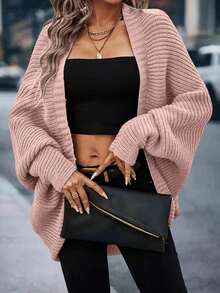 冬季时尚休闲优雅钩针纯色日常节日蝙蝠袖女式开衫毛衣 - 藕粉 - 查看 1