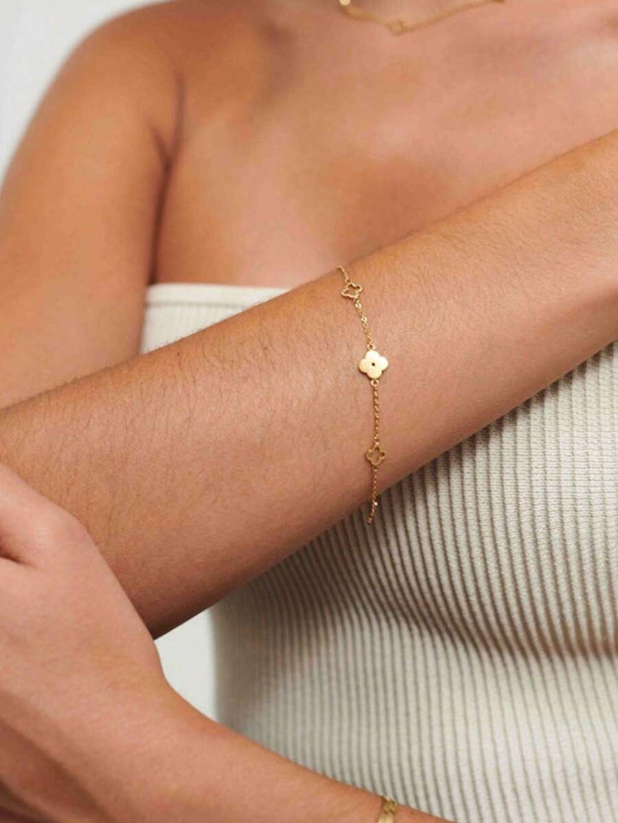 TONSI 1 Pc Japan And South Korea Style Simple Stainless Steel Four-Leaf Clover Plum Blossom Interlocking Pendant Bracelet Suitable For Daily Wear Female - Gold - View 1