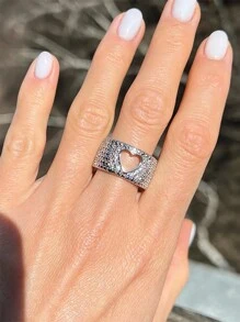 1pc Copper Material Hollow Out Heart Ring With Gold Plating, Elegant And Gorgeous Jewelry For Ladies, Ring Size Available From 6#-10# Valentines - Silver - View 9