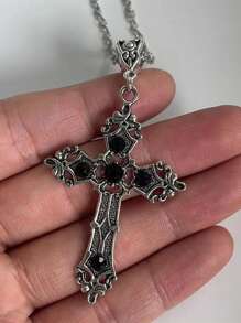 1pc Retro Minimalist Gothic Style Black Acrylic Shiny Cross Pendant Necklace, Unisex - Black - View 3