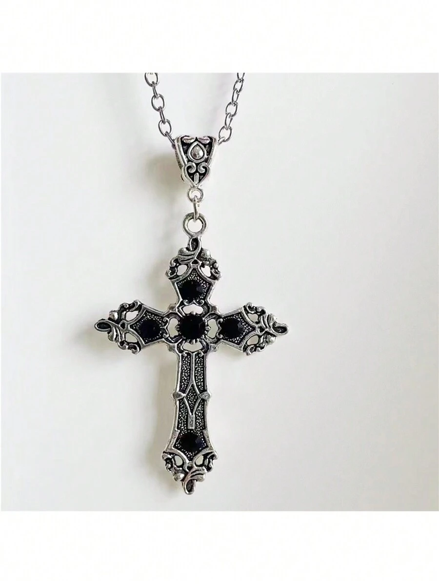 1pc Retro Minimalist Gothic Style Black Acrylic Shiny Cross Pendant Necklace, Unisex - Black - View 1