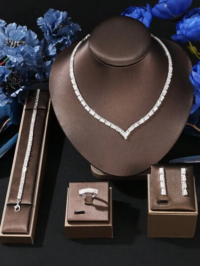 5 件优雅奢华简约锆石新娘婚礼首饰套装，女士时尚派对配饰