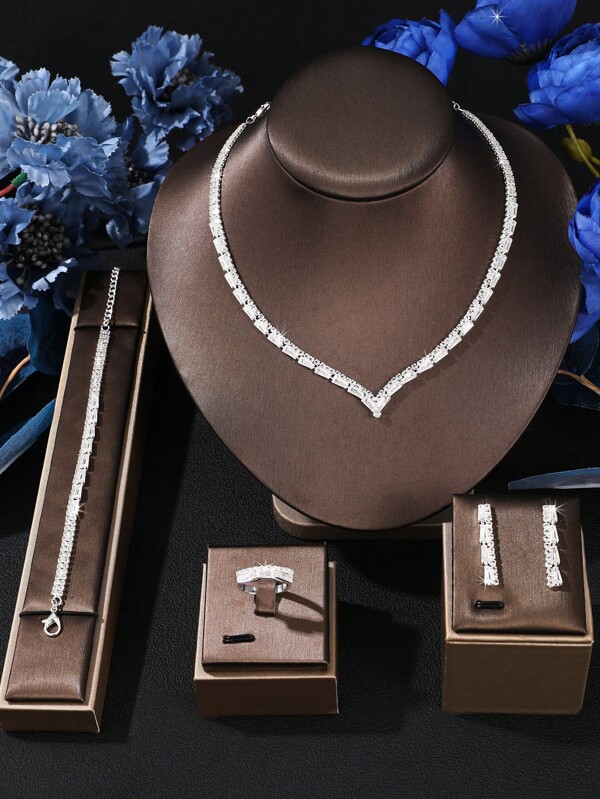 5pcs Elegant Luxury Minimalist Zirconia Bridal Wedding Jewelry Set,Women Fashionable Party Accessories