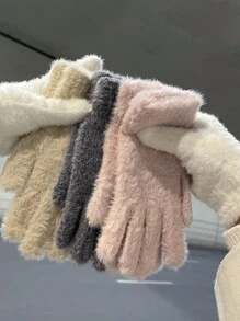 1 Cặp Găng tay giữ ấm đi xe đạp mùa đông bằng lông thỏ giả sang trọng cho nữ Găng tay lót nhiệt dễ thương chống lạnh cho ngón tay Găng tay màu trơn - Nhiều màu - Xem 3