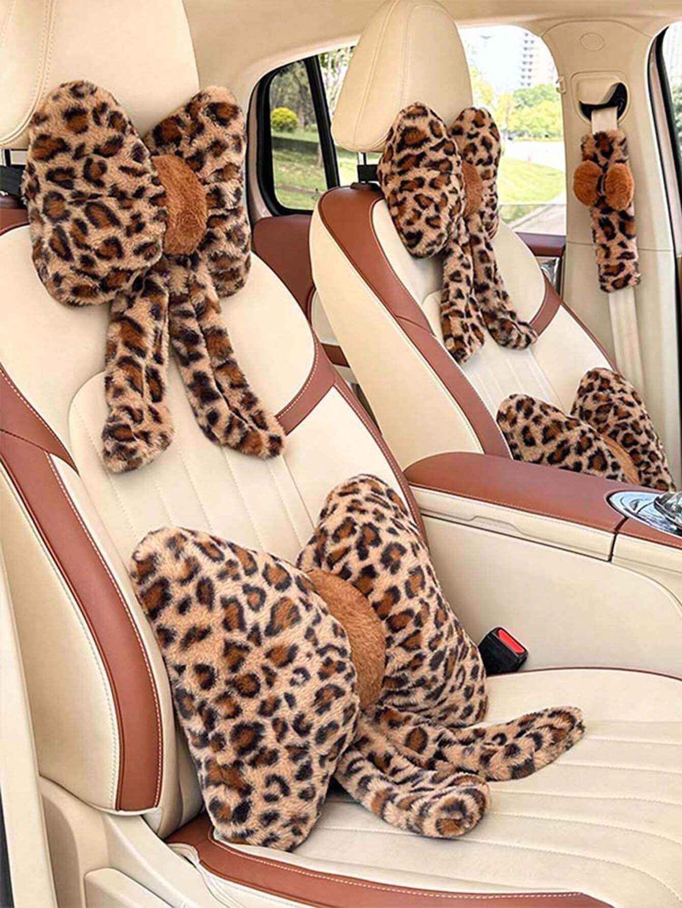 1pc Car Headrest Neck Pillow Plush Leopard Pattern Car Seat Pillow for