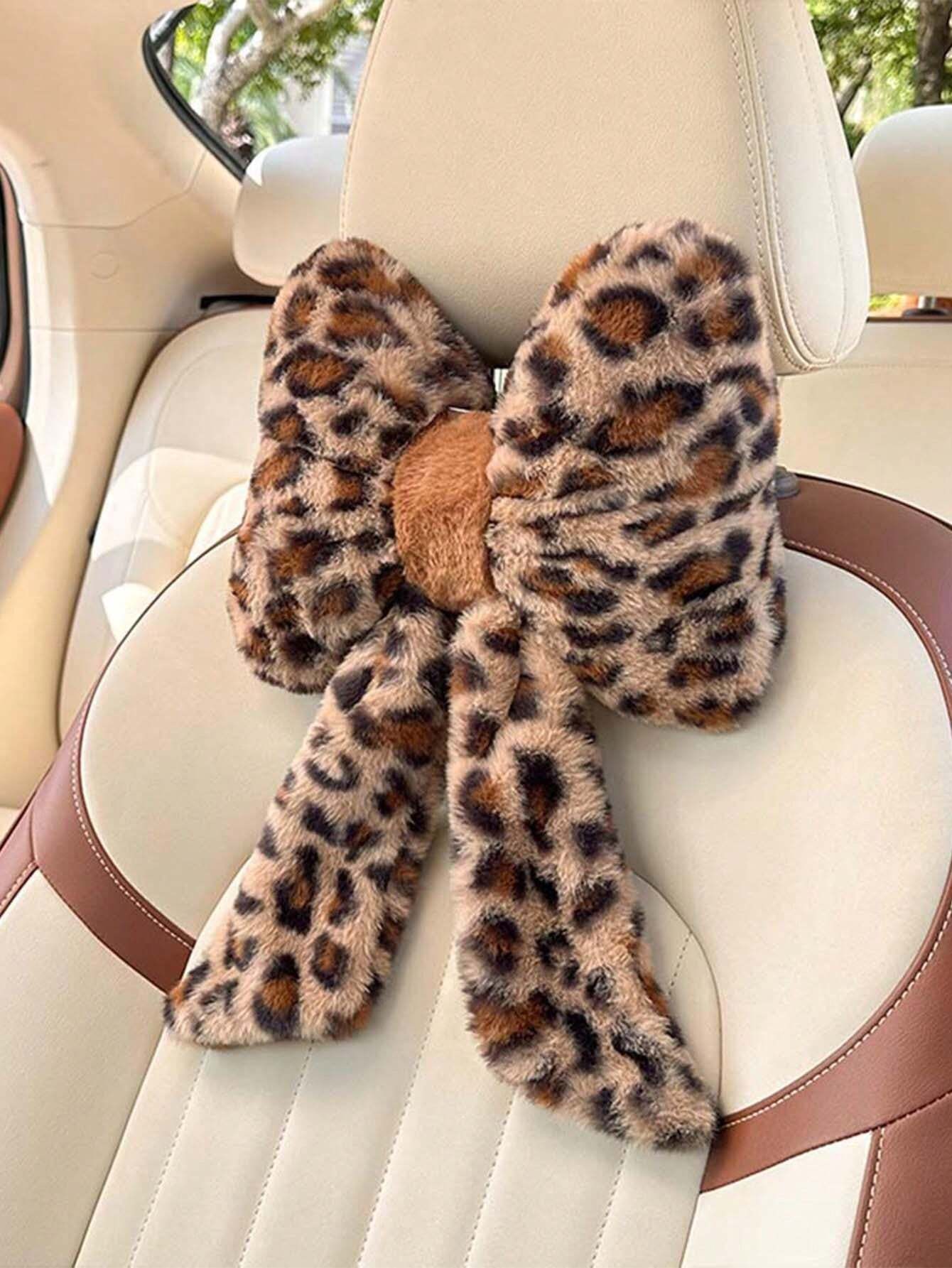 1pc Car Headrest Neck Pillow Plush Leopard Pattern Car Seat Pillow for