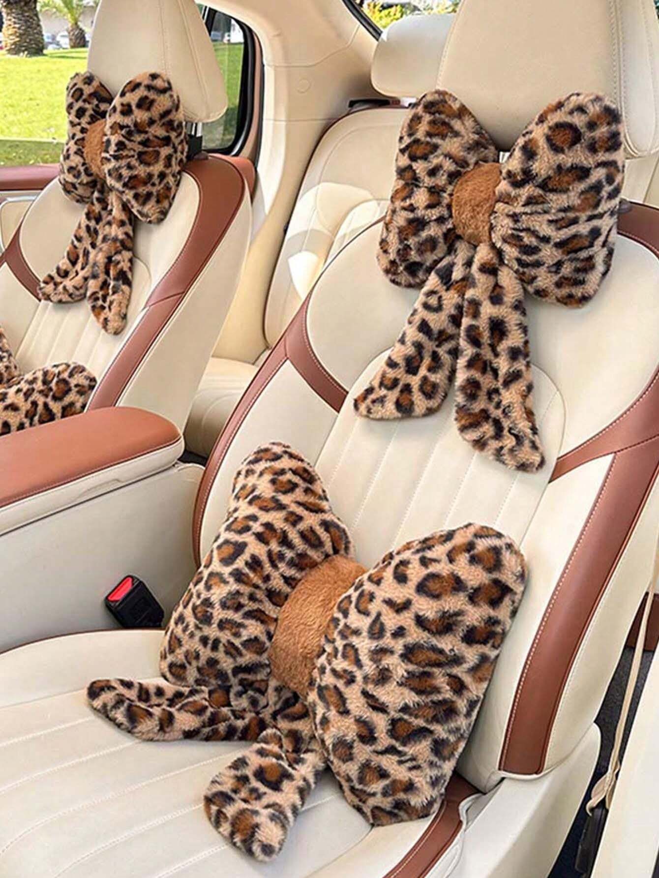 1pc Car Headrest Neck Pillow Plush Leopard Pattern Car Seat Pillow for