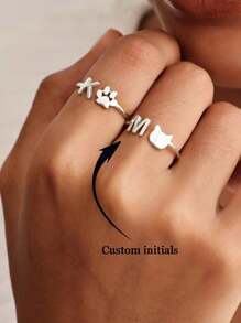 1 pieza Anillo con inicial personalizada, Anillo en forma de garra de gato lindo, regalo para ella, anillo ajustable abierto de acero inoxidable, anillo para el dedo, regalo para amantes de las mascotas, regalo conmemorativo de mascotas, regalo de San Valentín