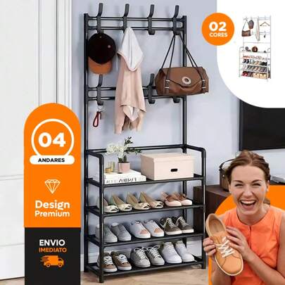 Organizador Sapateira Cabideiro Arara 4 Andares Prateleiras 8 Suportes Multiuso Estante com Ganchos