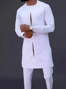 Plus Size Men Dashiki Suits, Minimalist African Print 2 Pieces Set Include Shirt And Pants, Casual Outfit For Weddings, Parties, Dates, Business, 4 Seasons