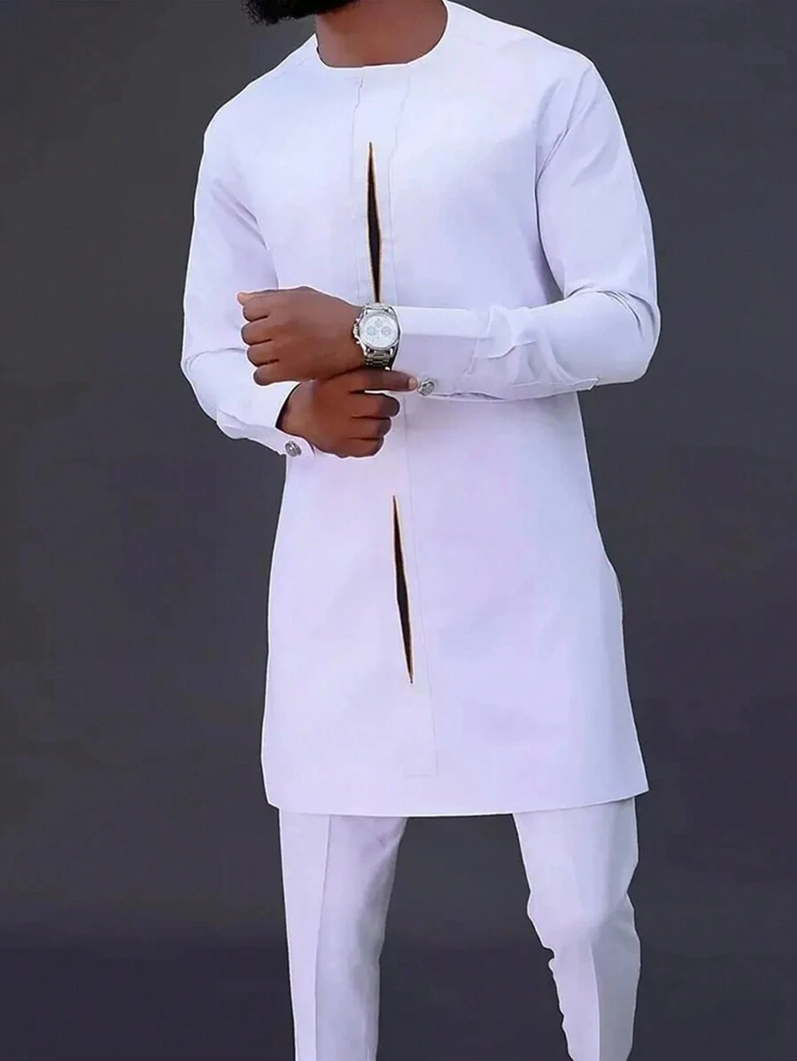 Plus Size Men Dashiki Suits, Minimalist African Print 2 Pieces Set Include Shirt And Pants, Casual Outfit For Weddings, Parties, Dates, Business, 4 Seasons