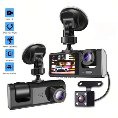 Three-Way Dashcam, Front And Rear Interior, 1080P HD Night Vision, Loop Recording, In-Car DVR Camera, 3 Cameras With 2-Inch IPS Screen, Synchronous Recording, Wide-Angle Dashboard Camera Recorder