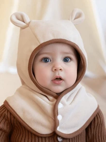 1pc Infant Bear Ear Hoodie, Thick Warm Scarf Collar Hat For Baby, Windproof Fleece Ear Protection Cap, Suitable For 1-3 Years Old, For Daily Outdoor Sports
