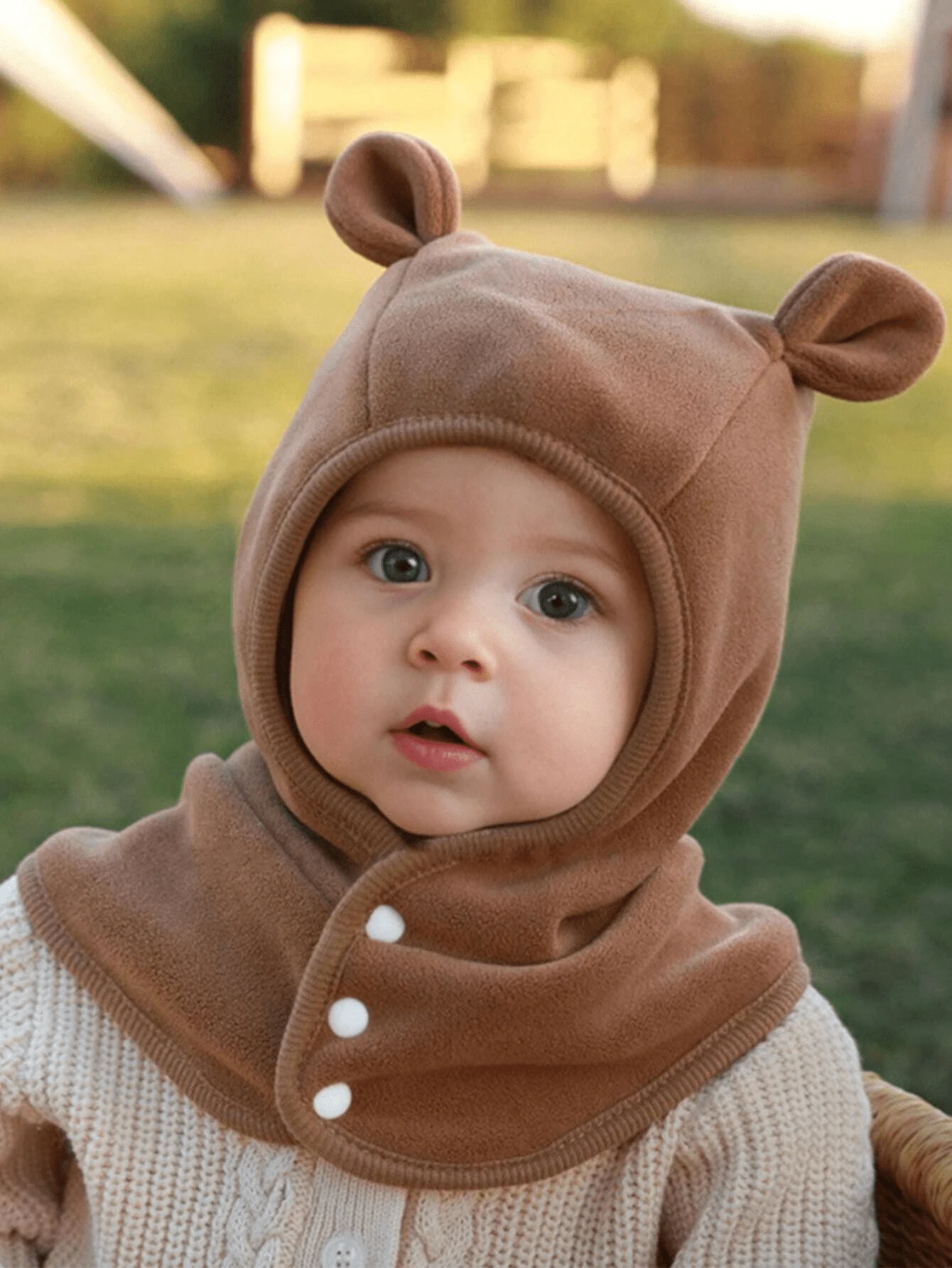 1pc Infant Bear Ear Hoodie, Thick Warm Scarf Collar Hat For Baby, Windproof Fleece Ear Protection Cap, Suitable For 1-3 Years Old, For Daily Outdoor Sports