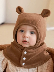 1pc Infant Bear Ear Hoodie, Thick Warm Scarf Collar Hat For Baby, Windproof Fleece Ear Protection Cap, Suitable For 1-3 Years Old, For Daily Outdoor Sports