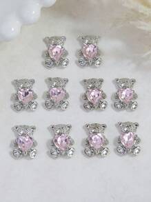 10Pcs Metallic Bear Shaped Nail Decorations - Silver Bear With Pink Rhinestone, Jewelry For Women And Girls Nail Art Diy Nail Supplies Nails Nail Charms Nail Gems