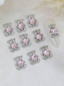 10Pcs Metallic Bear Shaped Nail Decorations - Silver Bear With Pink Rhinestone, Jewelry For Women And Girls Nail Art Diy Nail Supplies Nails Nail Charms Nail Gems
