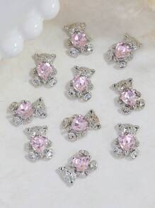 10Pcs Metallic Bear Shaped Nail Decorations - Silver Bear With Pink Rhinestone, Jewelry For Women And Girls Nail Art Diy Nail Supplies Nails Nail Charms Nail Gems