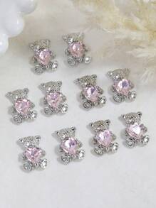 10Pcs Metallic Bear Shaped Nail Decorations - Silver Bear With Pink Rhinestone, Jewelry For Women And Girls Nail Art Diy Nail Supplies Nails Nail Charms Nail Gems