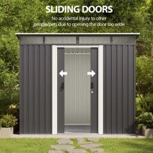 8' X 6' Outdoor Metal Storage Shed With Double Sliding Doors, Tool Shed Garden Shed With Glass Window And Anchor Bolts - 灰色 - 查看 4