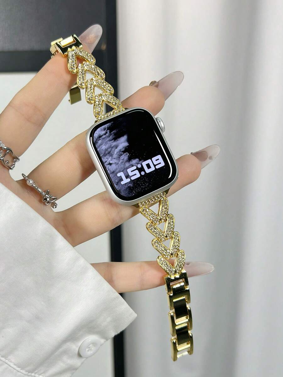 Pulseira de Relógio com Design de Maçã Incrustada de Brilhantes de Luxo, Compatível com Apple Watch Séries 6/SE/2/7/8/1/9/10 - Dourado - Visão 1