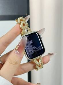 Pulseira de Relógio com Design de Maçã Incrustada de Brilhantes de Luxo, Compatível com Apple Watch Séries 6/SE/2/7/8/1/9/10 - Dourado - Visão 3