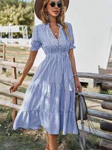 Elegant Long Dresses For Women Solid Fashion, Women's Short Sleeve Party Dresses With Front Button, Women's Summer Casual Comfortable Breathable Dresses, Women's Bodycon Dresses 2024 - 藍色 - 查看 1