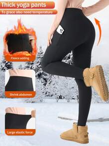 1 pieza Leggings deportivos de invierno con costuras y bolsillos, aptos para fitness, actividades al aire libre y caminar