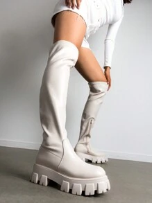 Women Fashion Knee High Boots Comfortable Lug Sole High Stretch Black Boots For Daily Wearing Commute Christmas Gift Autumn Winter Wearing - 米色PU - 查看 1