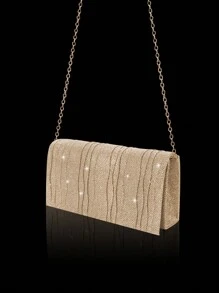 闪闪发光的迷人翻盖晚宴包，带有褶边细节的单肩包，搭配优雅华丽的水钻手链项链耳环，奢华时尚的手拿包，适合派对女孩、新娘，与宴会礼服、婚纱搭配，非常适合派对、婚礼、舞会、宴会 - 香檳色 - 查看 3