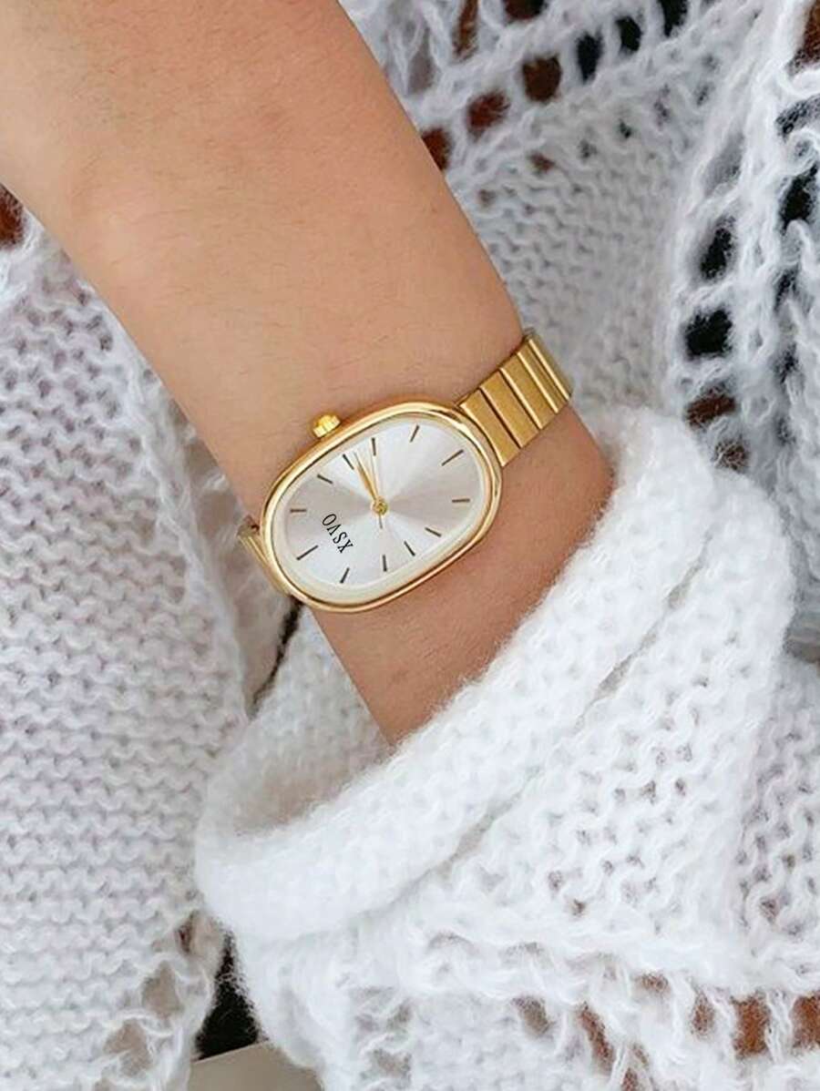 1pc Women's Minimalist Oval-Shaped Fashion Studded Scaled Small Dial Bamboo Strap Quartz Watch, Suitable For Daily Matching, Birthday, Women's Gift, Anniversary, Year-End Promotion, Singles' Day, Halloween Promotion, No Gift Box - Gold - View 1