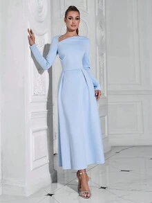 Đầm dài tay bất đối xứng thanh lịch dành cho nữ của Barlahlsen - Màu xanh lam - Xem 4