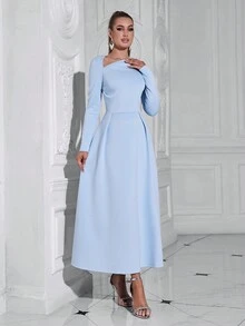 Đầm dài tay bất đối xứng thanh lịch dành cho nữ của Barlahlsen - Màu xanh lam - Xem 3