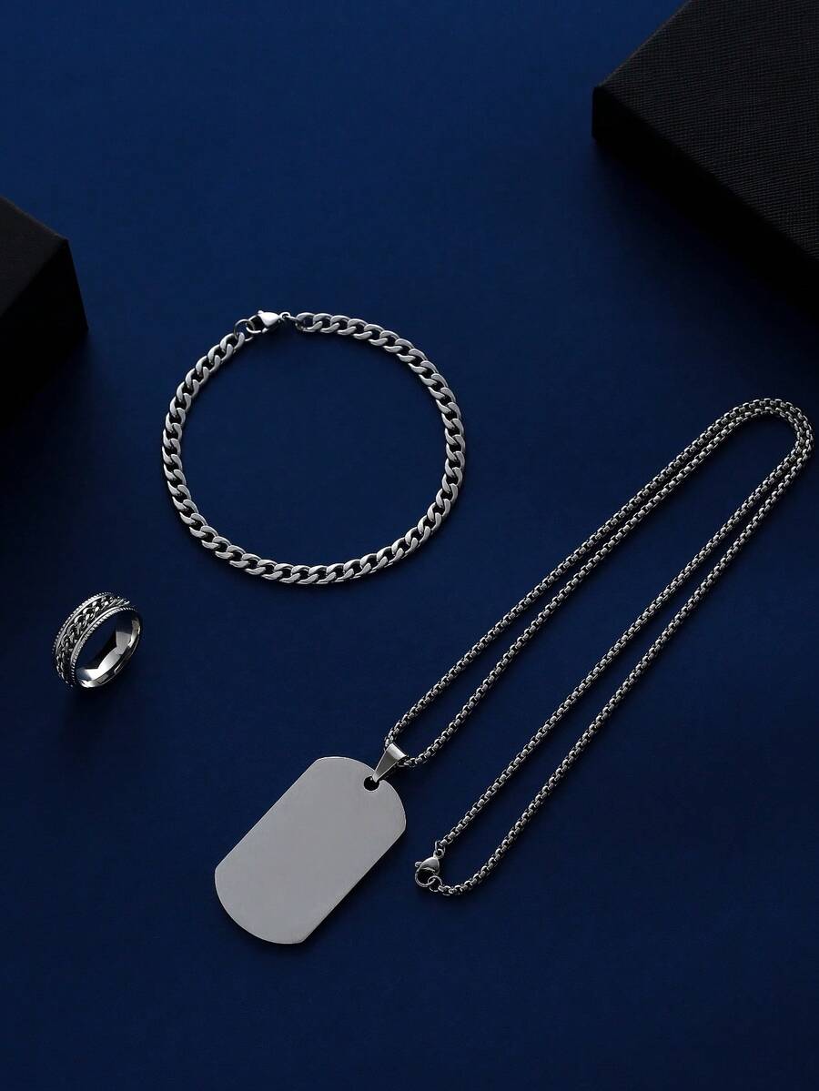 3pcs/Set Men Hip Hop Military Tag Pendant Necklace, Bracelet & Ring Set