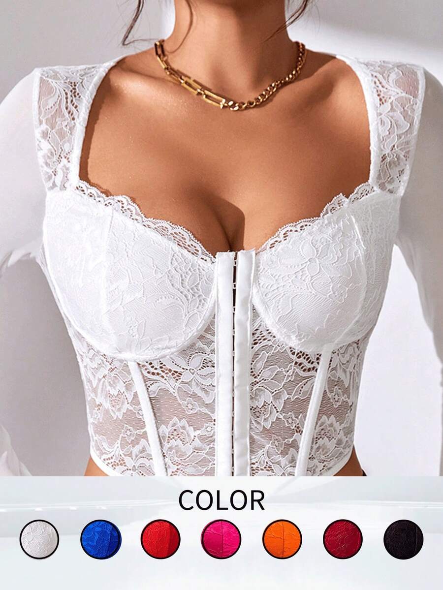 1pc Sexy Women Lace Mesh Sheer Fishbone Buttoned V-Neck Crop Top - White - View 1