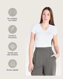 Kit 2 V-Neck T-Shirts In Viscolycra - Basic Casual Women's Shirt - 白色+裸色 - 查看 6