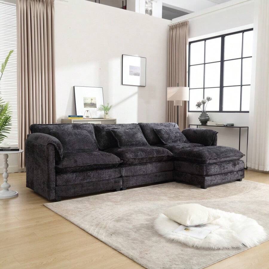Modern Large Boucle Fabric L-Shape Sectional Chenille Fabric, Movable Pedals, Detachable Armrests, Oversized Three-Seat Sofa